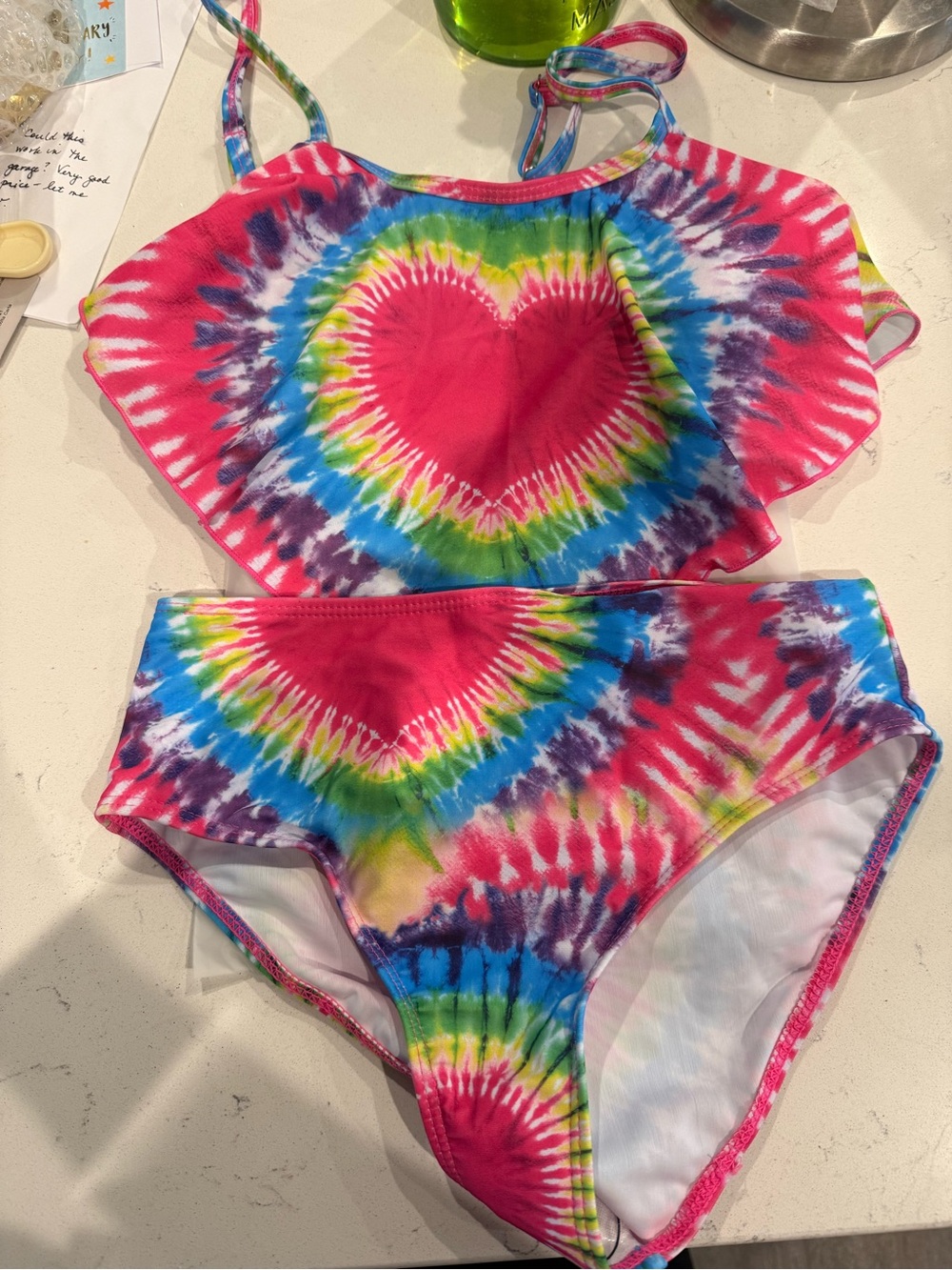 SHEIN Girls Tie-Dye Heart Bikini Set - Pink, Blue, Green, Purple